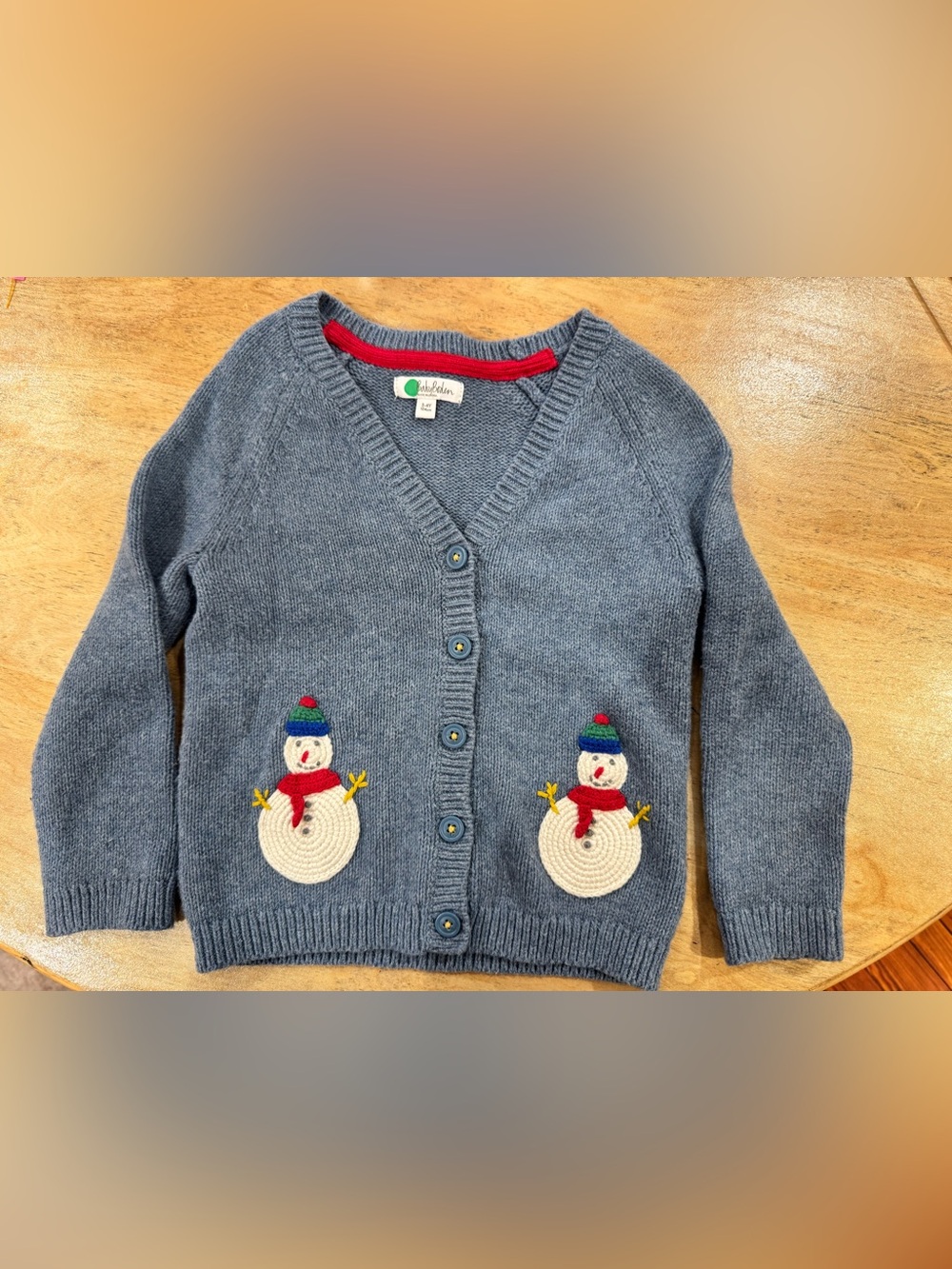 Baby Boden Blue Knit Cardigan with Snowman Appliqués Sz. 3-4T Holiday Winter